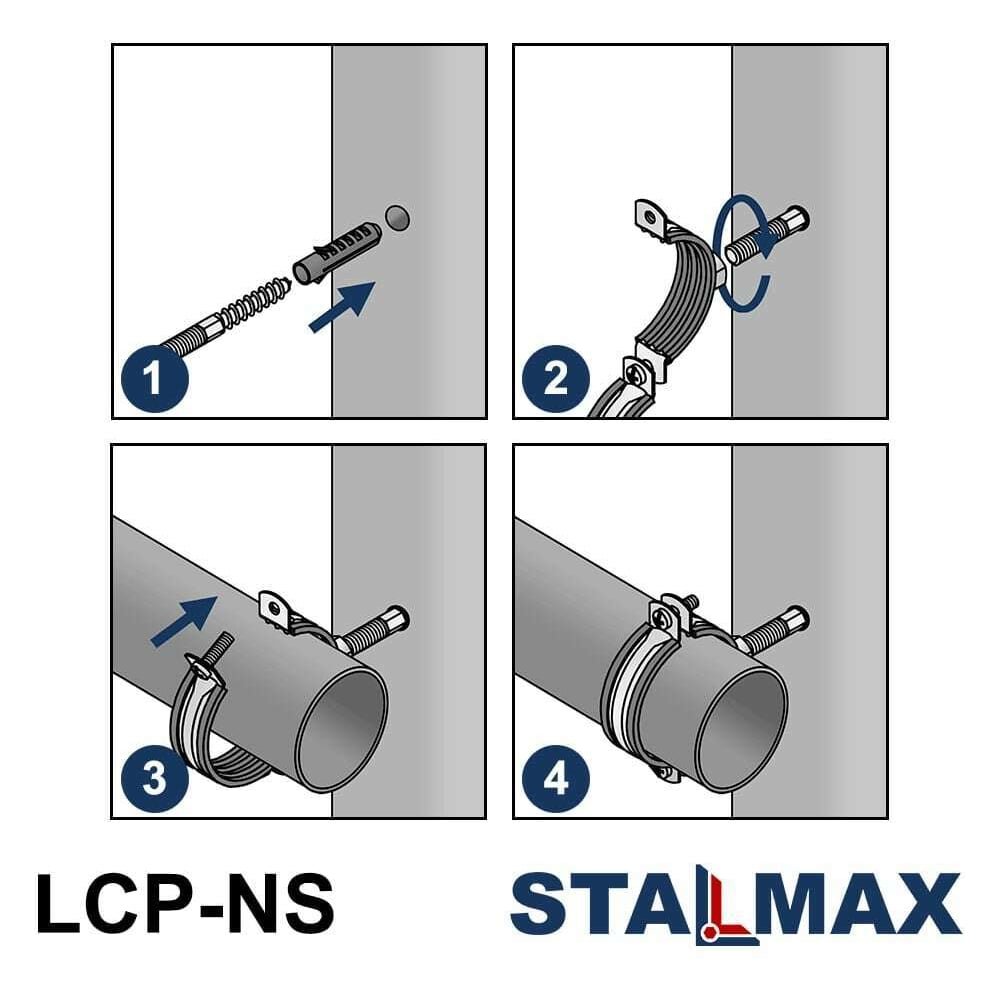 Хомут трубный STALMAX (комплект) LCP-NS 1 1/2 (48-52 мм) М8х80 с виброгасителем и гайкой, дюбель, шпилька-шуруп (арт. 11729) оц. сталь (уп. 100 шт) 11729-023