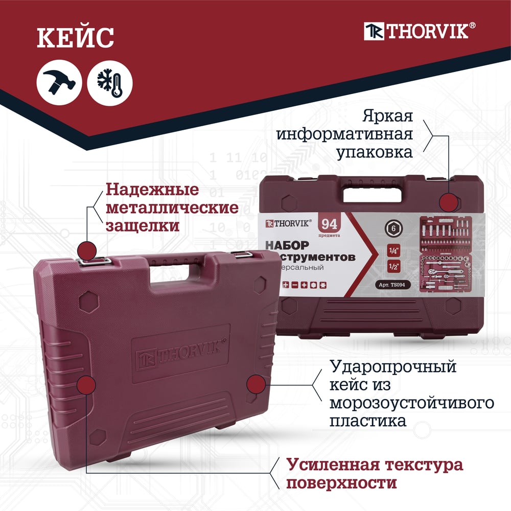 Универсальный набор инструмента THORVIK TS094 1/4, 1/2DR, 94 предмета 054009