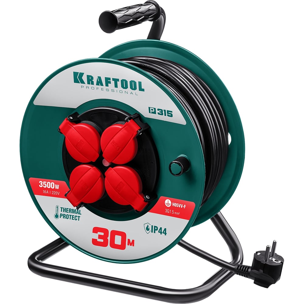Удлинитель на катушке KRAFTOOL P-315, 30м, 3500Вт, 4 гнезда, IP44, ПВС 3х1.5мм2, 55084-30