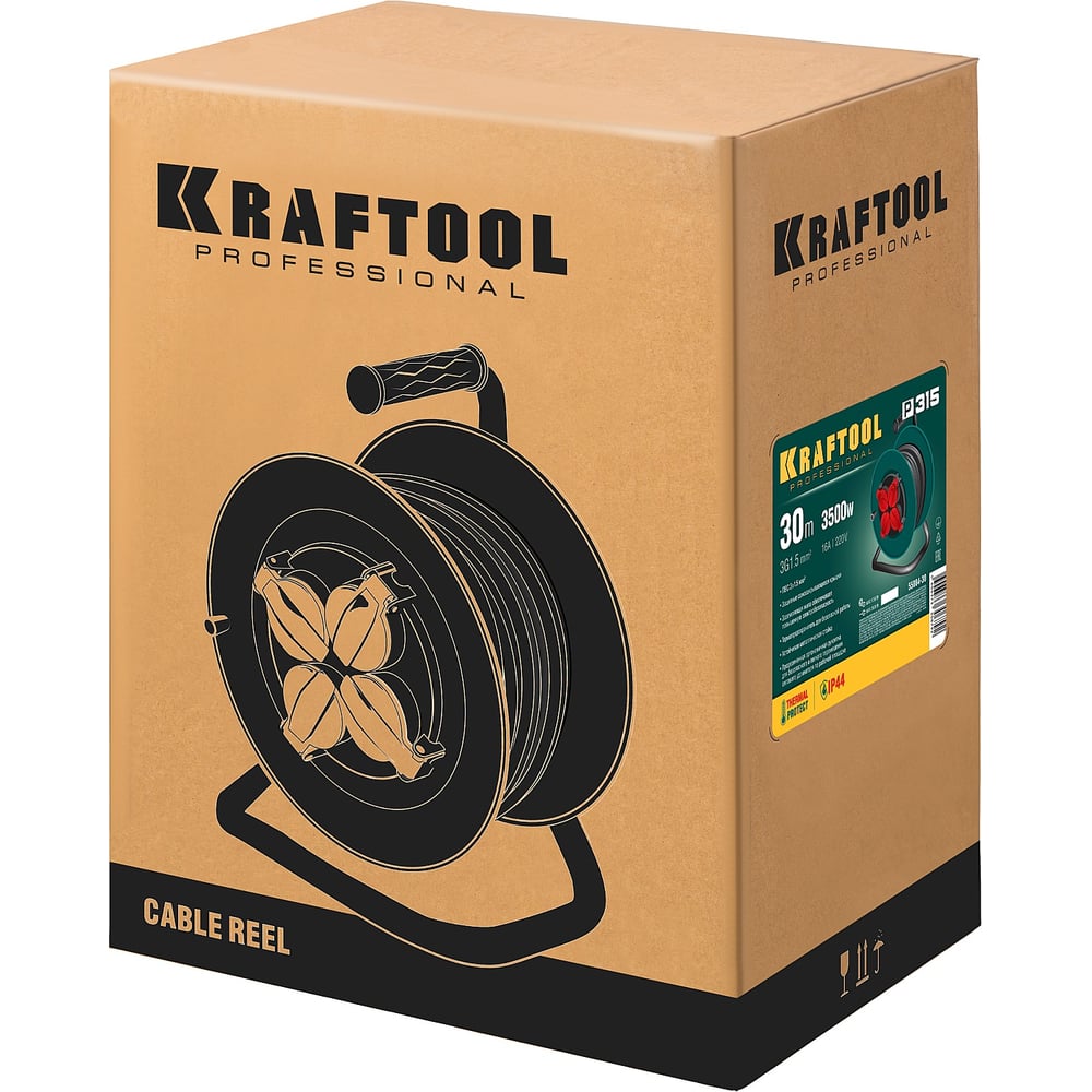 Удлинитель на катушке KRAFTOOL P-315, 30м, 3500Вт, 4 гнезда, IP44, ПВС 3х1.5мм2, 55084-30