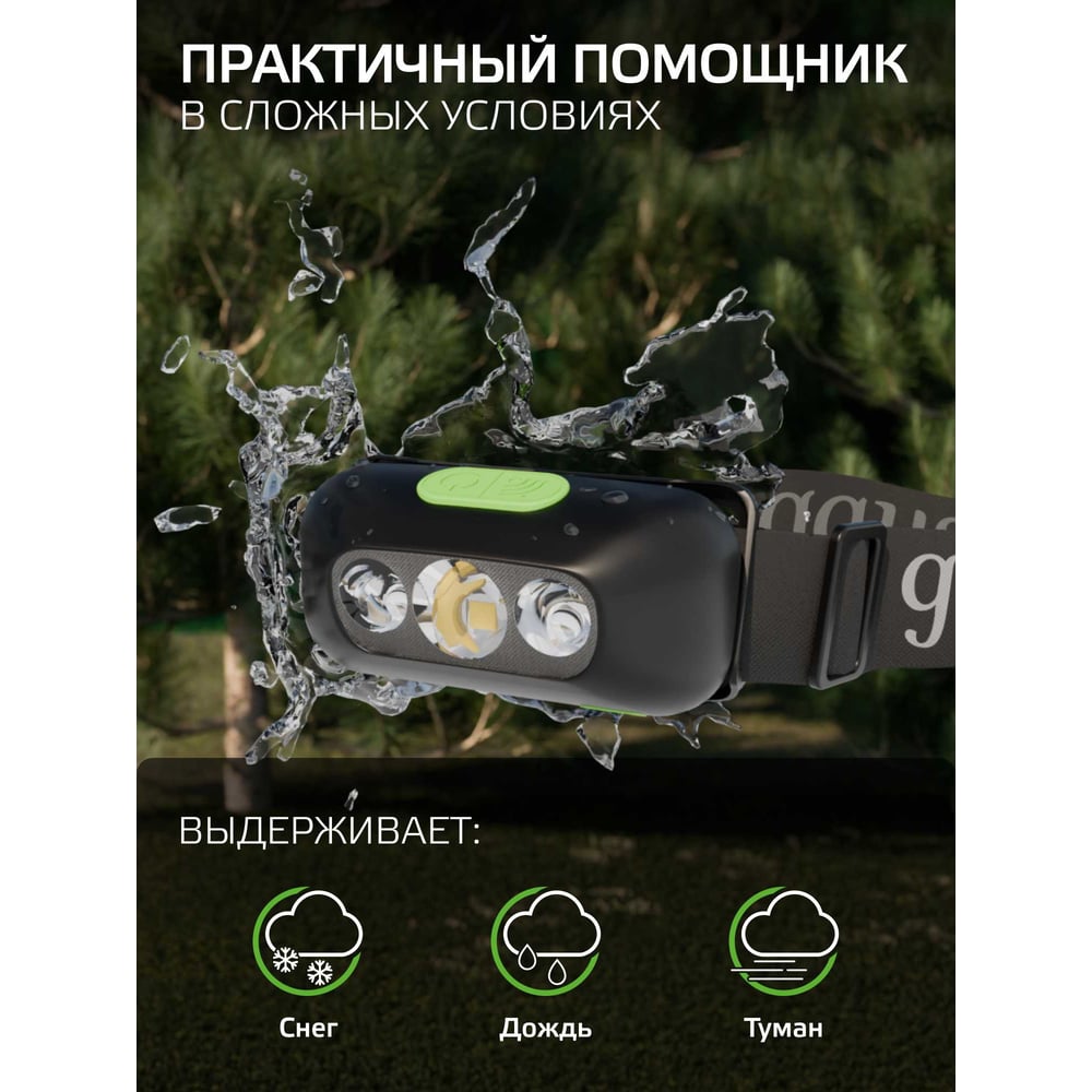 Фонарь Gauss налобный модель GFL410 3W 80lm Li-ion 400mAh LED GF410