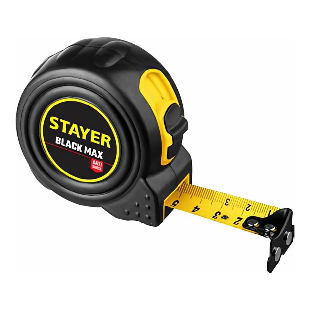 Рулетка Stayer BlackMax 10м / 25мм в ударостойком полностью обрезиненном корпусе и двумя фиксаторами 3410-10_z02
