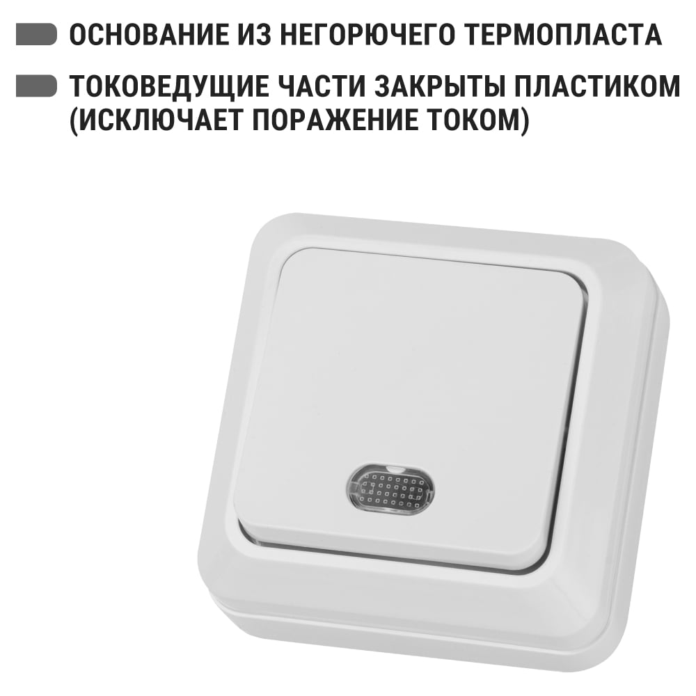 Выключатель 1-кл. открытой установки с подсветкой IP20 10А, белый "Ладога" TDM