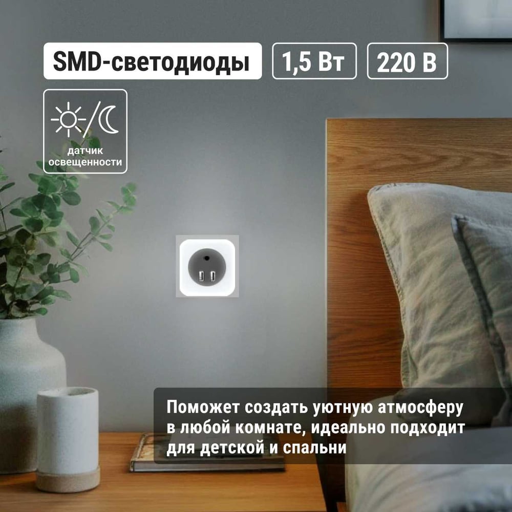 Ночник "Комбо 3", 8LED, 66лм/Вт, дат. освещ., 2хUSB 2,1А, 220В, TDM