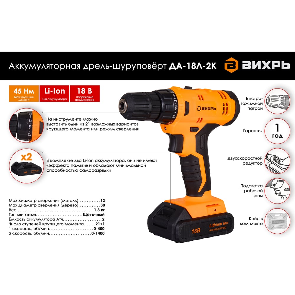 Шуруповерт аккумулят Вихрь ДА-18Л-2К (18V? 2Li-lon x2Ач) кейс