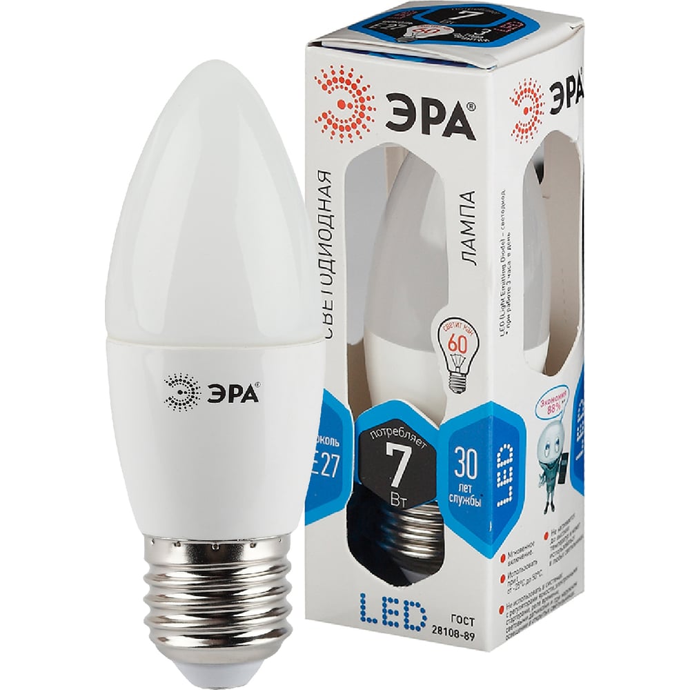 Лампа светодиодная ЭРА E27 7w 4000k LED B35-7W-840-E27