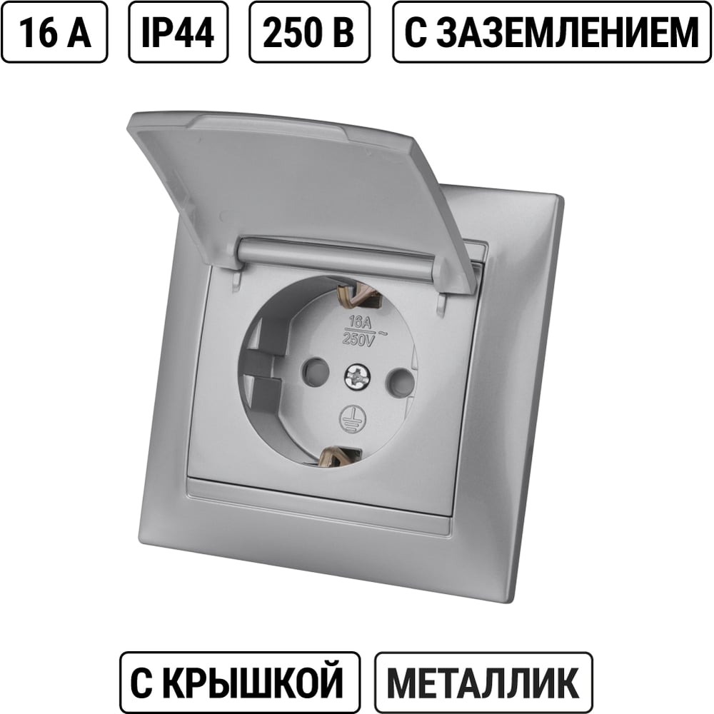 Розетка 2П+З c защитными шторками с крышкой серебр.металлик - серия "Лама" TDM