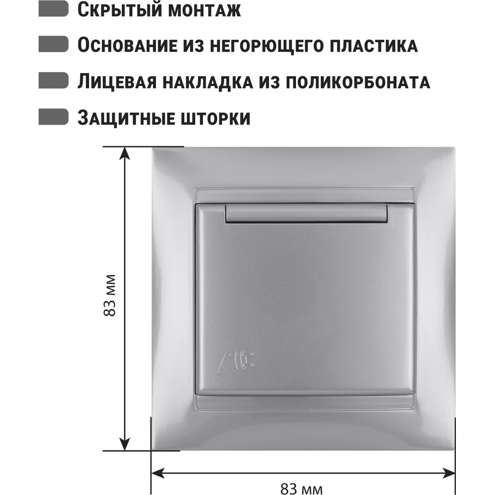 Розетка 2П+З c защитными шторками с крышкой серебр.металлик - серия "Лама" TDM
