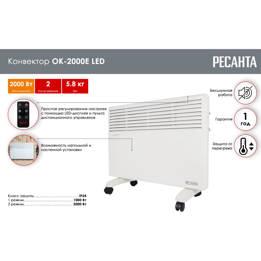 Обогреватель конвекторный Ресанта ОК-2000Е (2кВт)