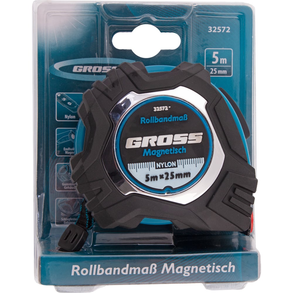 Рулетка Magnetisch, 5м х 25мм, обрезин. корпус, автоматич. фиксация, нейлон. покр. магн.зацеп//Gross