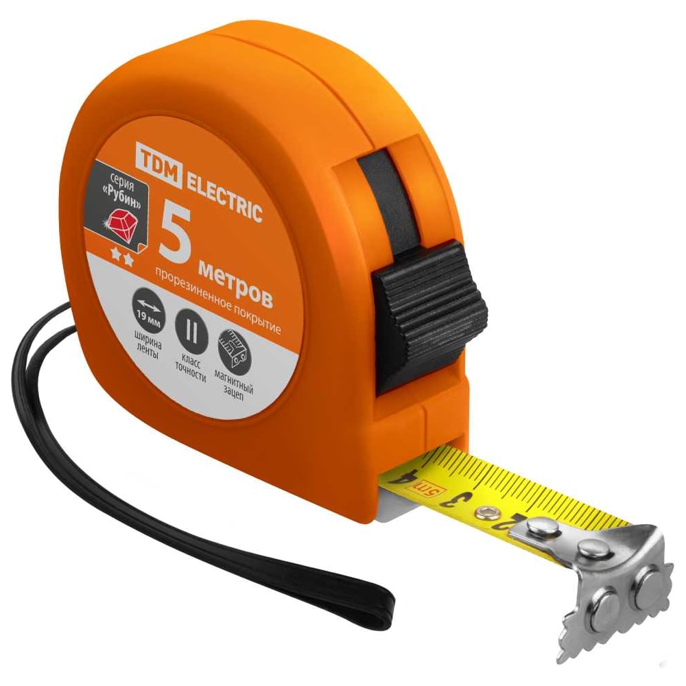 Рулетка TDM ELECTRIC длина 5 м, стальная лента, ширина 19 мм, прорезиненное покрытие, магнит, Рубин" SQ1018-0106"