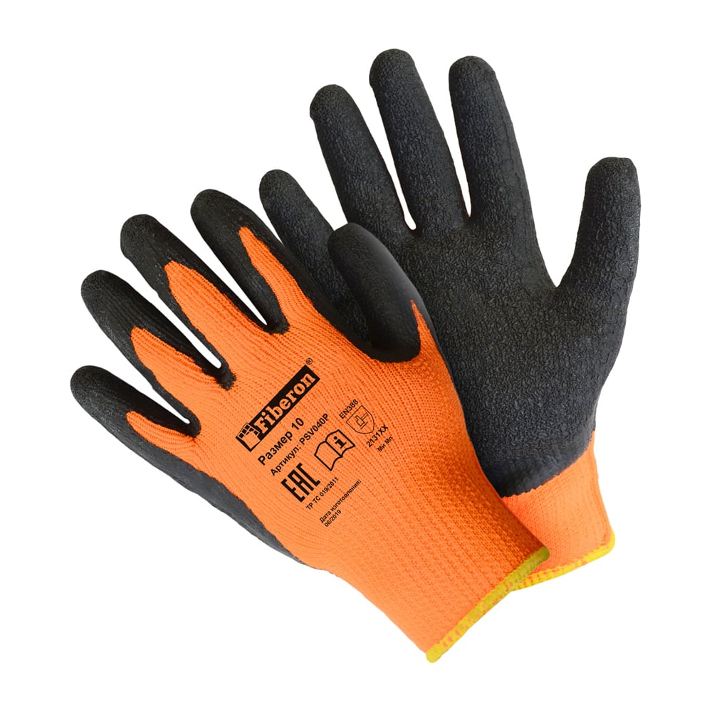 Утепленные перчатки Fiberon, акрил, вспененное латексное покрытие, в и/у, 10(XL), оранжевый+черный, 127858